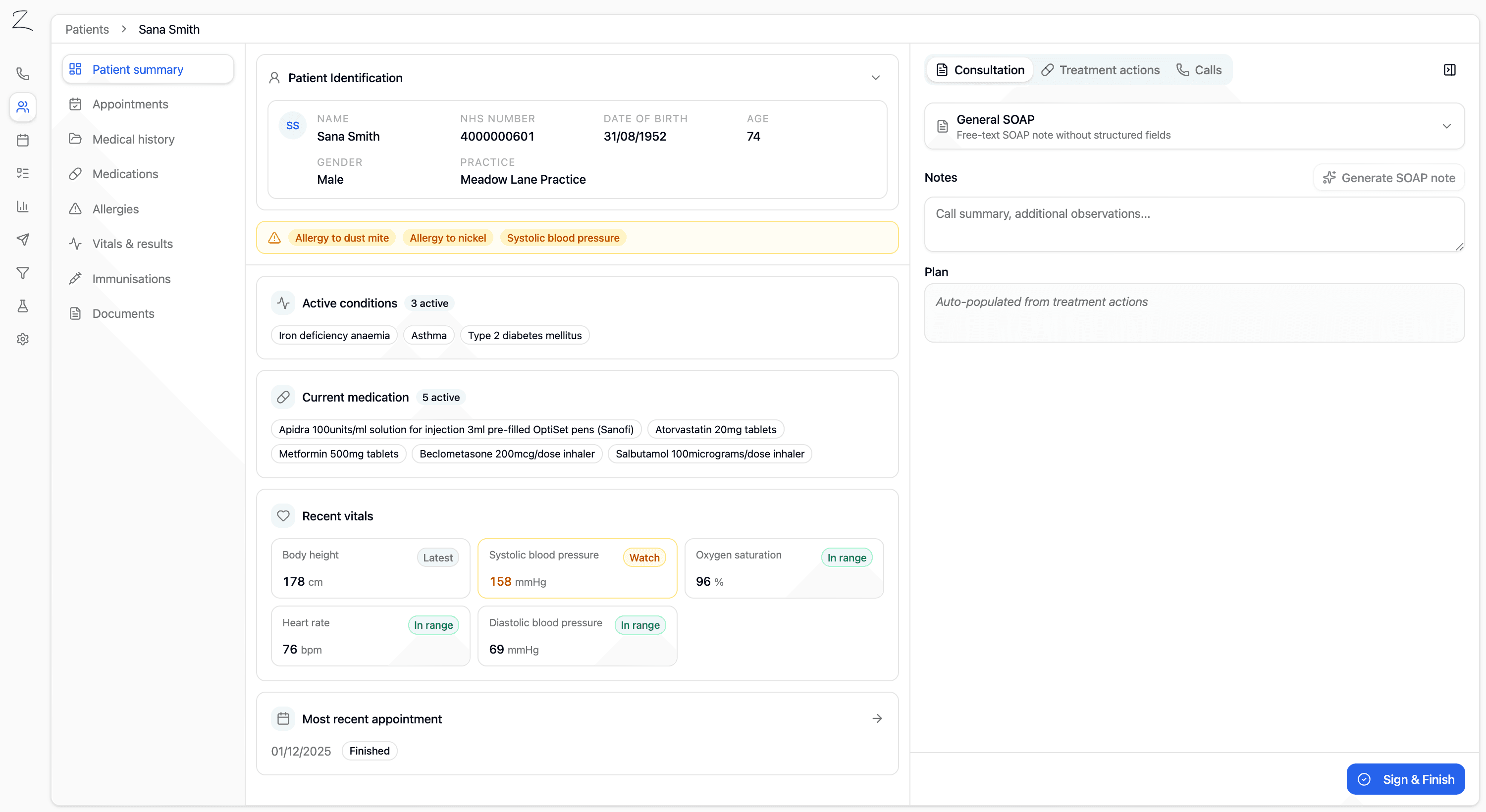 Zonder primary-care EHR patient summary and consultation screen